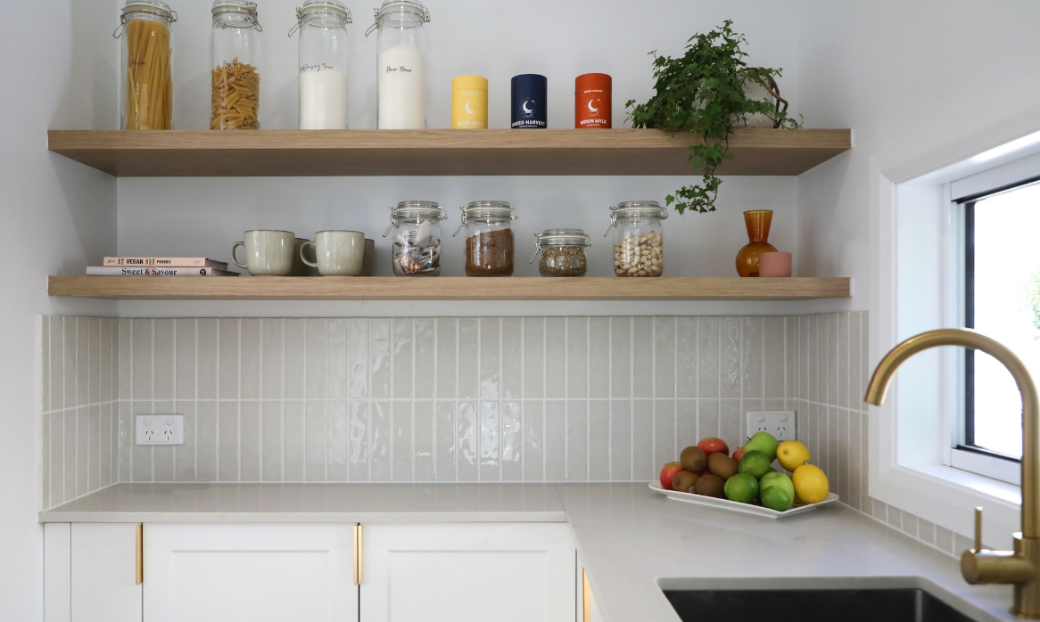 Custom butler's pantry with open shelving, modern fixtures and Polytec finishes